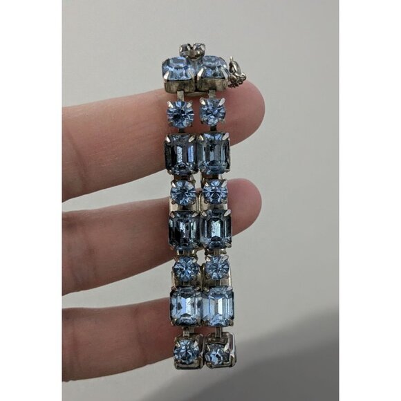 Vintage Silver Tone Blue Crystal Bracelet With Safety Clasp - Picture 5 of 9